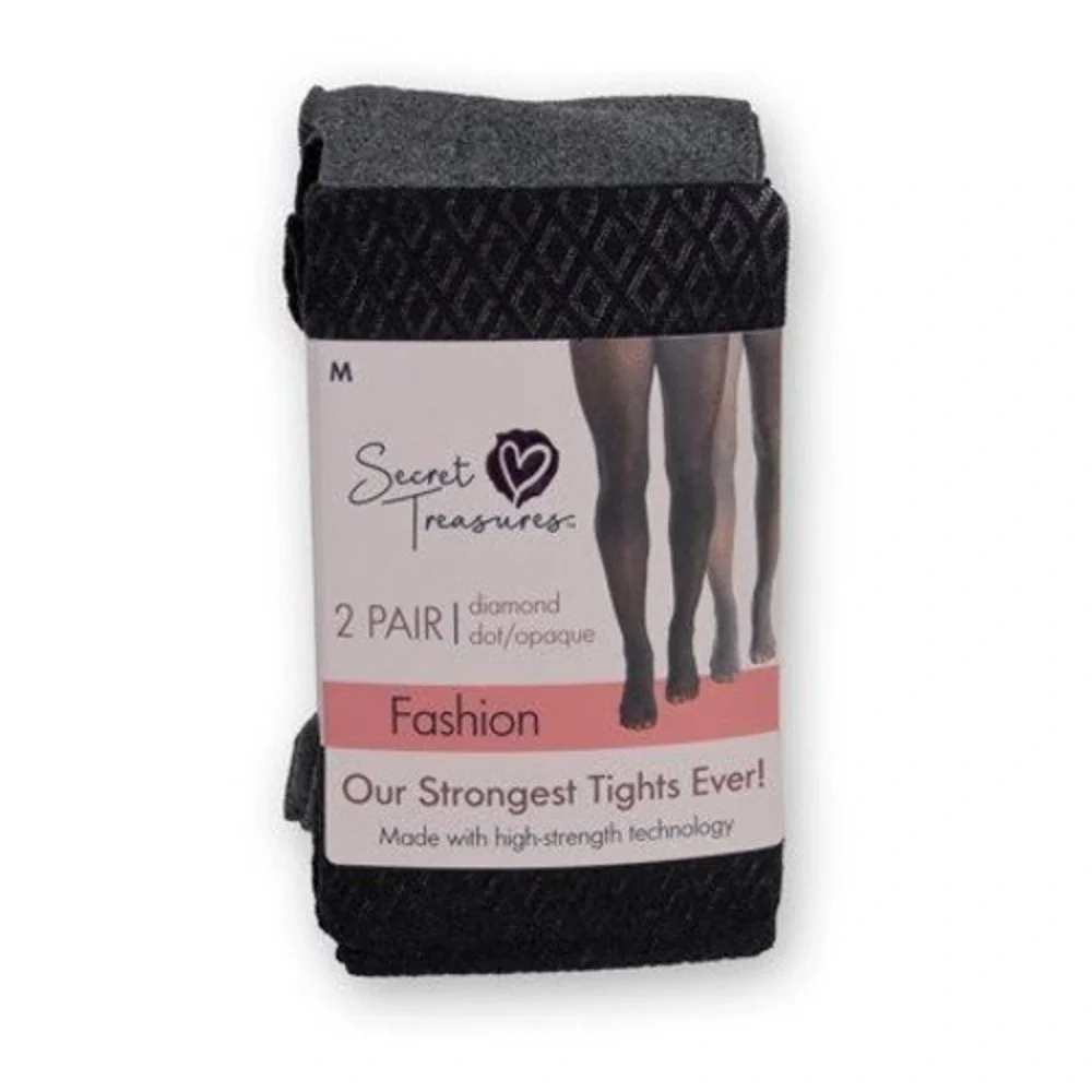 Secret Treasures Tights Women L Black NWT 2 Pair Opaque Diamond Dot Fashion